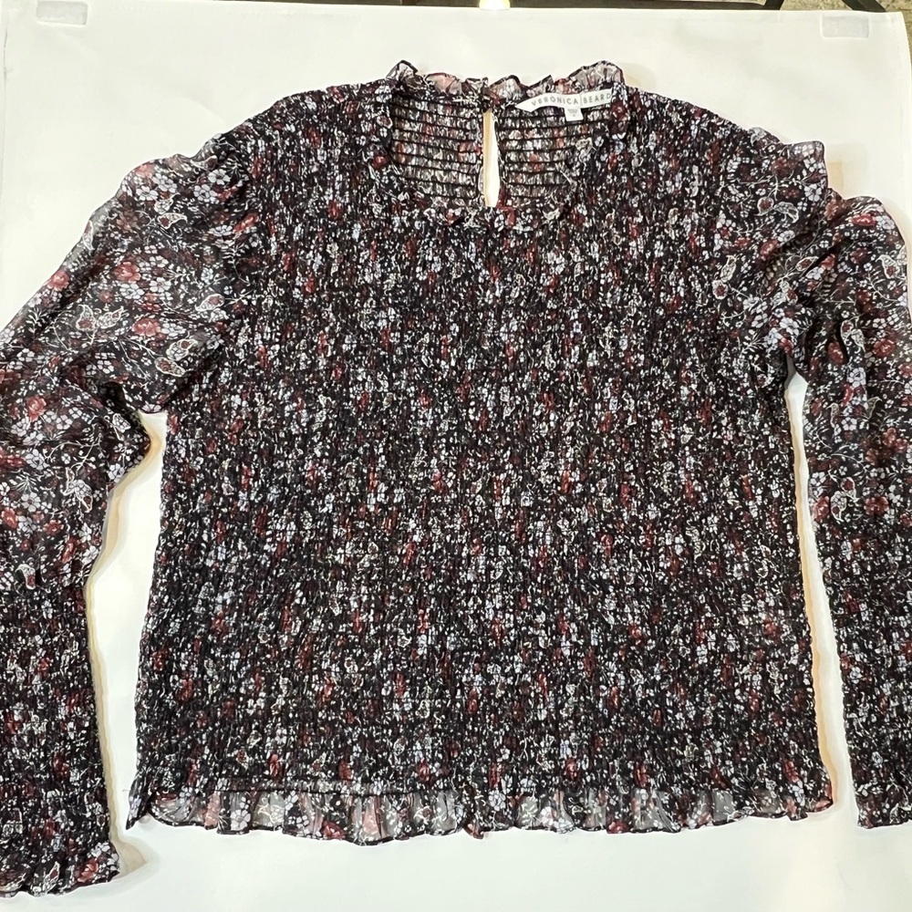 Veronica Beard Black Floral smocked silk faire bishop sleeve blouse size 8